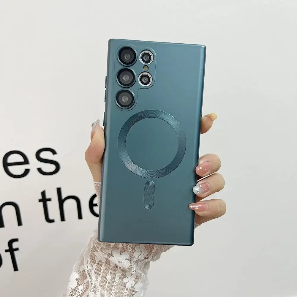 Luxury Matte MagSafe Case for Samsung S24 Ultra/S22/S23 FE/S21 Plus – Shockproof Soft Cover with Camera Lens Protector