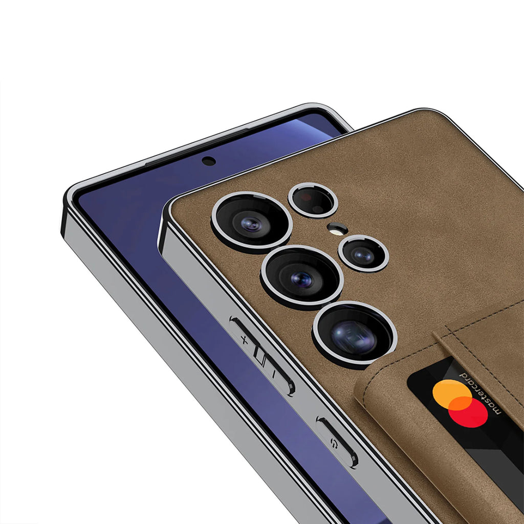 Luxury PU Vegan Leather Electroplated Frame Case for Samsung S25 Ultra – With Card Pocket