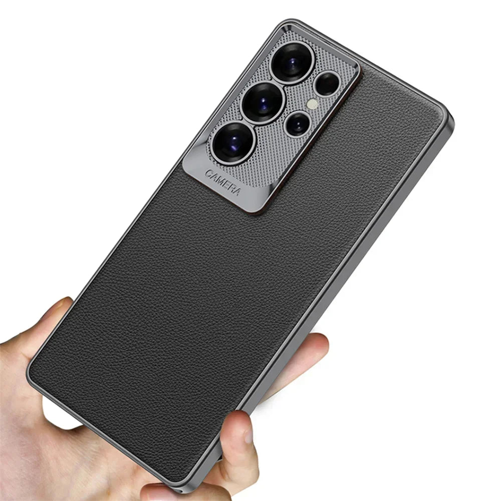 Electroplated PU Leather MagSafe Case for Samsung Galaxy S25 Ultra – Shockproof Hard Shell Cover