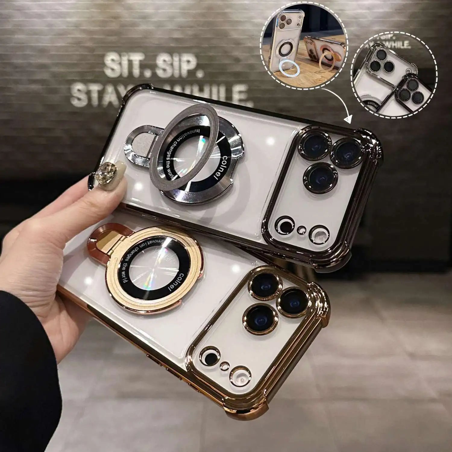 Transparent Plating Magsafe Case with Magnetic Bracket for iPhone 17 / 17 Pro / Pro Max / Air