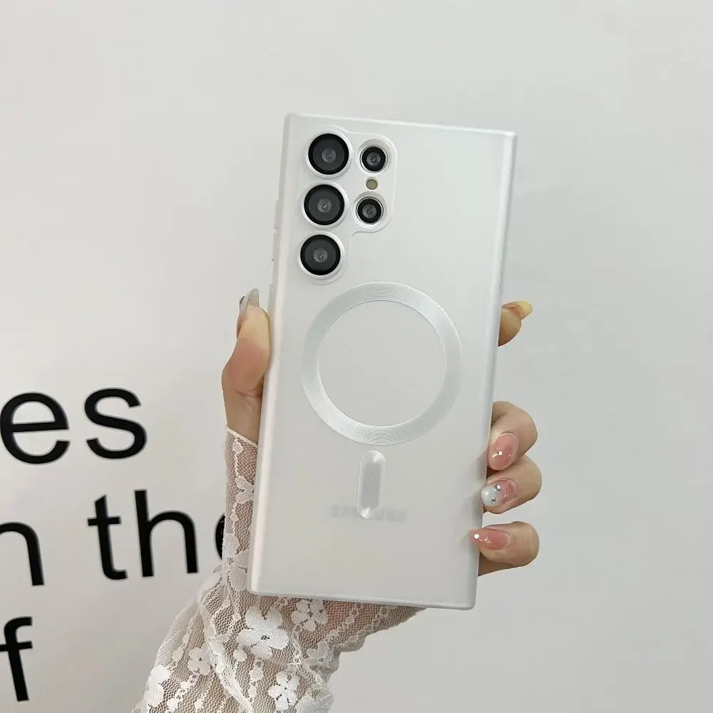 Luxury Matte MagSafe Case for Samsung S24 Ultra/S22/S23 FE/S21 Plus – Shockproof Soft Cover with Camera Lens Protector