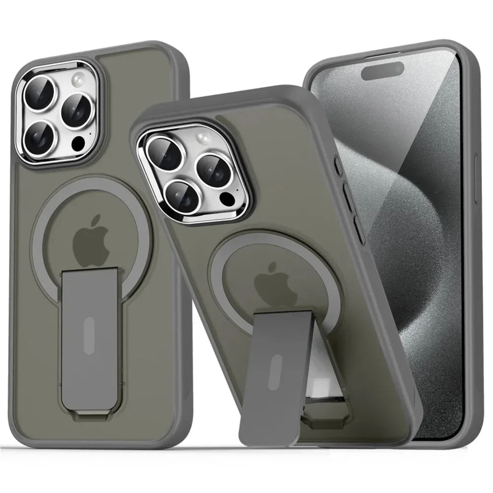 Luxury Folding Stand Matte Magsafe Case for iPhone 11 / 12 / 13 / 14 / 15 / 16 / 17 Pro Max / Plus / Air