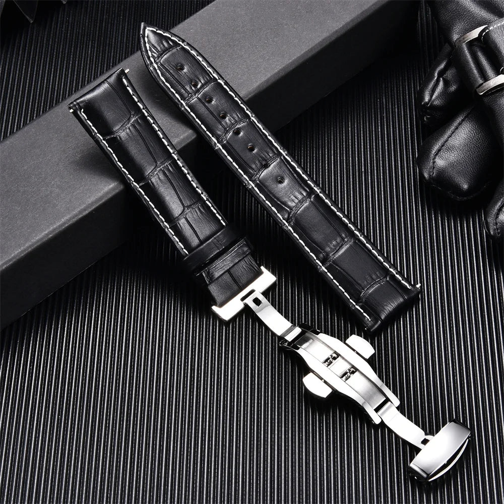 Genuine Calfskin Leather Watch Band with Butterfly Buckle
