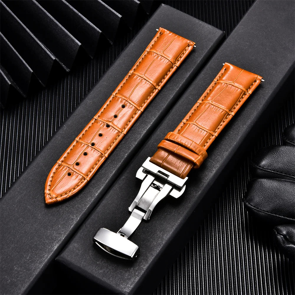 Genuine Calfskin Leather Watch Band with Butterfly Buckle