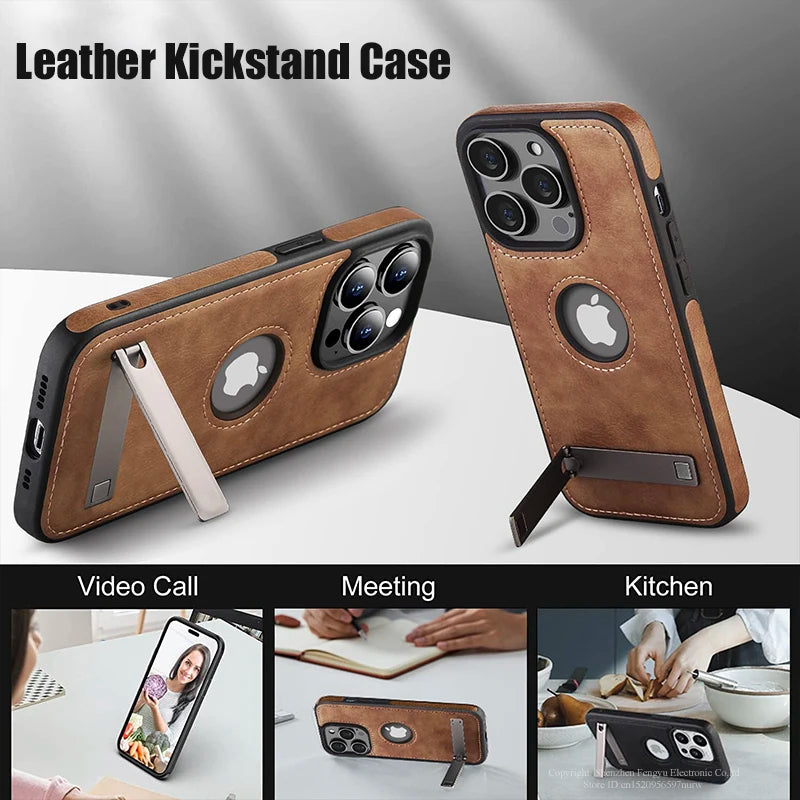 Leather Kickstand Phone Cases for iPhone 17 16 15 13 Pro Max 14 Plus 12 11 Mobile Case Shockproof Flexible Soft Grip Back Cover
