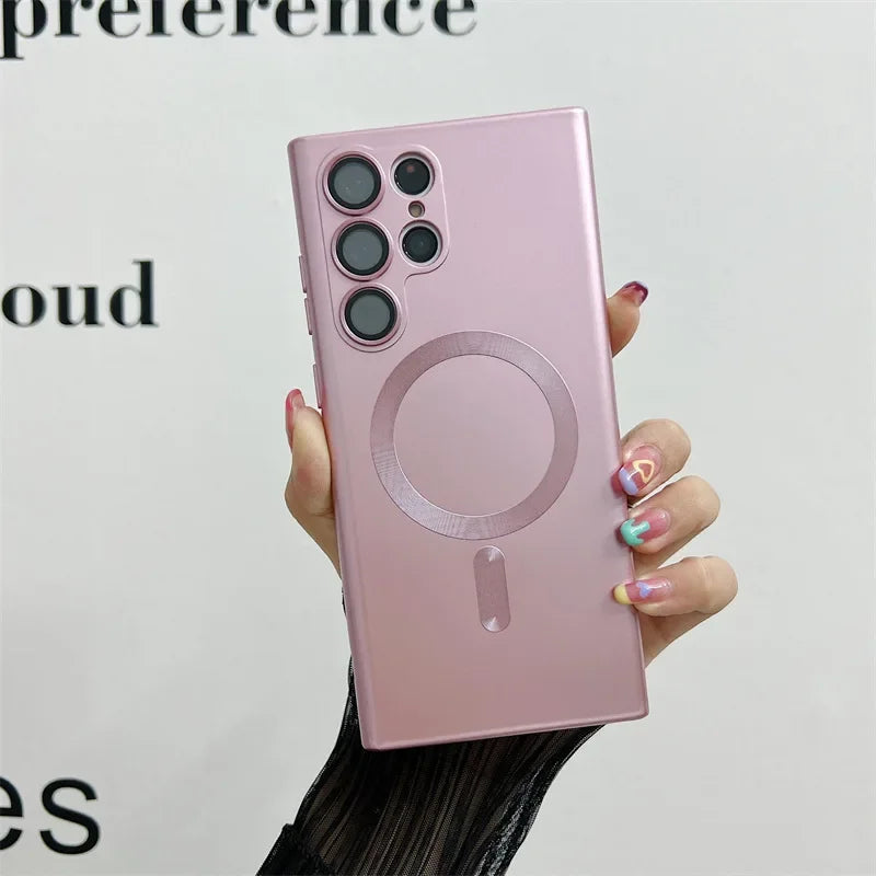 Luxury Matte MagSafe Case for Samsung S24 Ultra/S22/S23 FE/S21 Plus – Shockproof Soft Cover with Camera Lens Protector