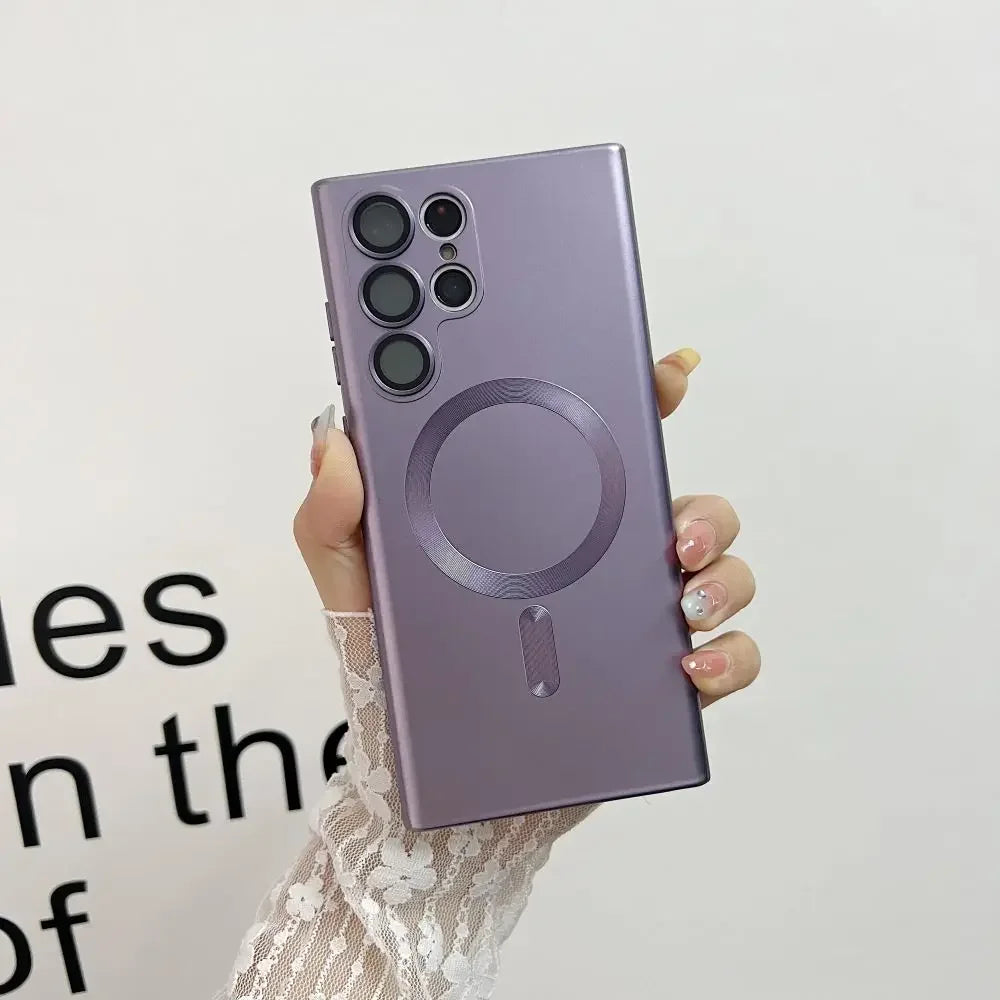 Luxury Matte MagSafe Case for Samsung S24 Ultra/S22/S23 FE/S21 Plus – Shockproof Soft Cover with Camera Lens Protector