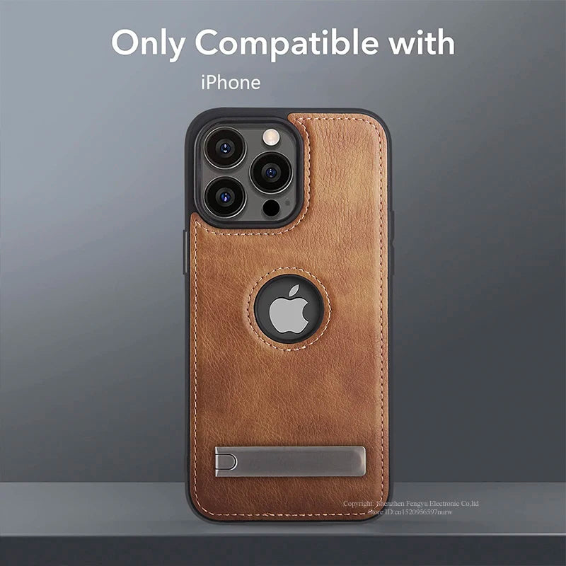 Leather Kickstand Phone Cases for iPhone 17 16 15 13 Pro Max 14 Plus 12 11 Mobile Case Shockproof Flexible Soft Grip Back Cover