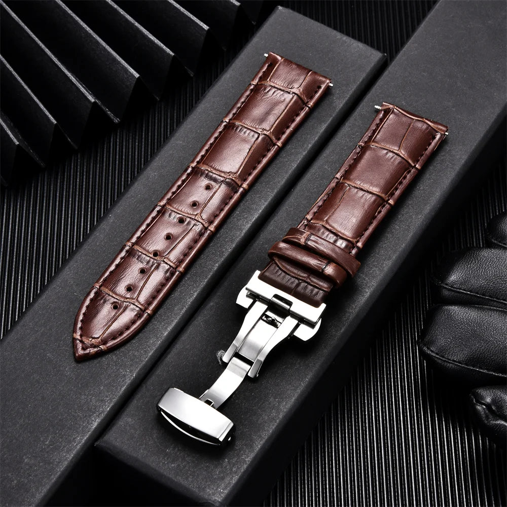 Genuine Calfskin Leather Watch Band with Butterfly Buckle