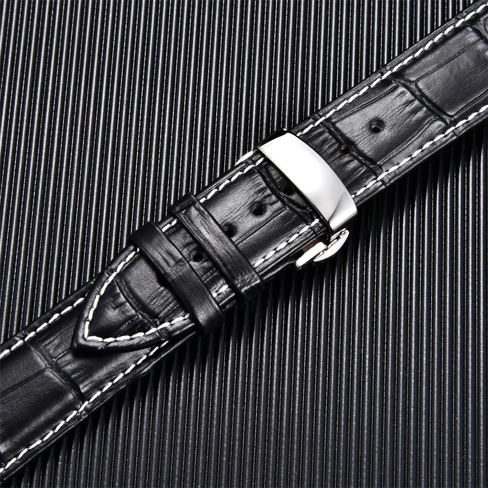 Genuine Calfskin Leather Watch Band with Butterfly Buckle