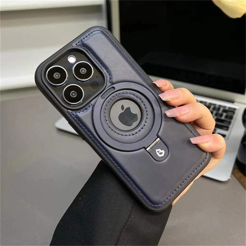 Luxury Leather Magnetic Ring Holder Magsafe Phone Case For iPhone 17 16 15 14 13 Pro Max Plus Wireless Charging Shockproof Cover