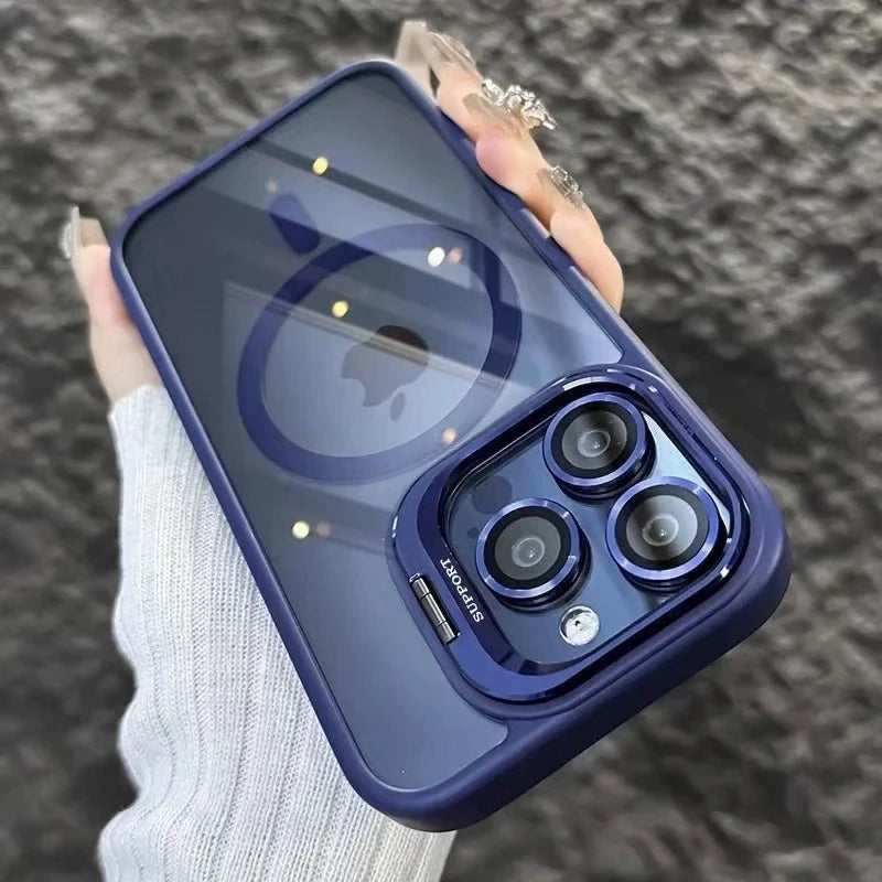 Metal Stand Magsafe Case with Glass Lens Protection for iPhone 12 / 13 / 14 / 15 / 16 / 17 / 17 Pro / Pro Max