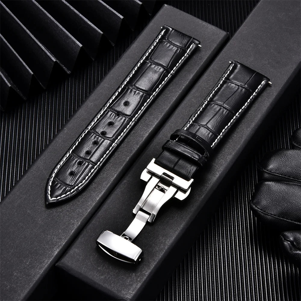 Genuine Calfskin Leather Watch Band with Butterfly Buckle