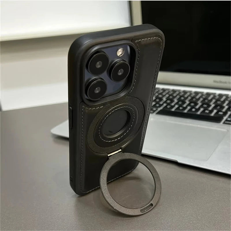 Luxury Leather Magnetic Ring Holder Magsafe Phone Case For iPhone 17 16 15 14 13 Pro Max Plus Wireless Charging Shockproof Cover