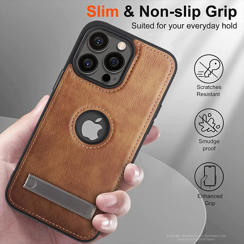Leather Kickstand Phone Cases for iPhone 17 16 15 13 Pro Max 14 Plus 12 11 Mobile Case Shockproof Flexible Soft Grip Back Cover