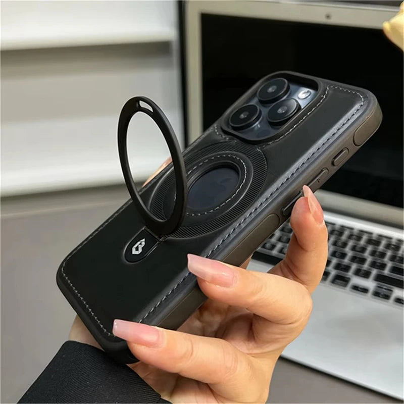 Luxury Leather Magnetic Ring Holder Magsafe Phone Case For iPhone 17 16 15 14 13 Pro Max Plus Wireless Charging Shockproof Cover