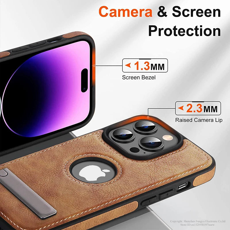 Leather Kickstand Phone Cases for iPhone 17 16 15 13 Pro Max 14 Plus 12 11 Mobile Case Shockproof Flexible Soft Grip Back Cover