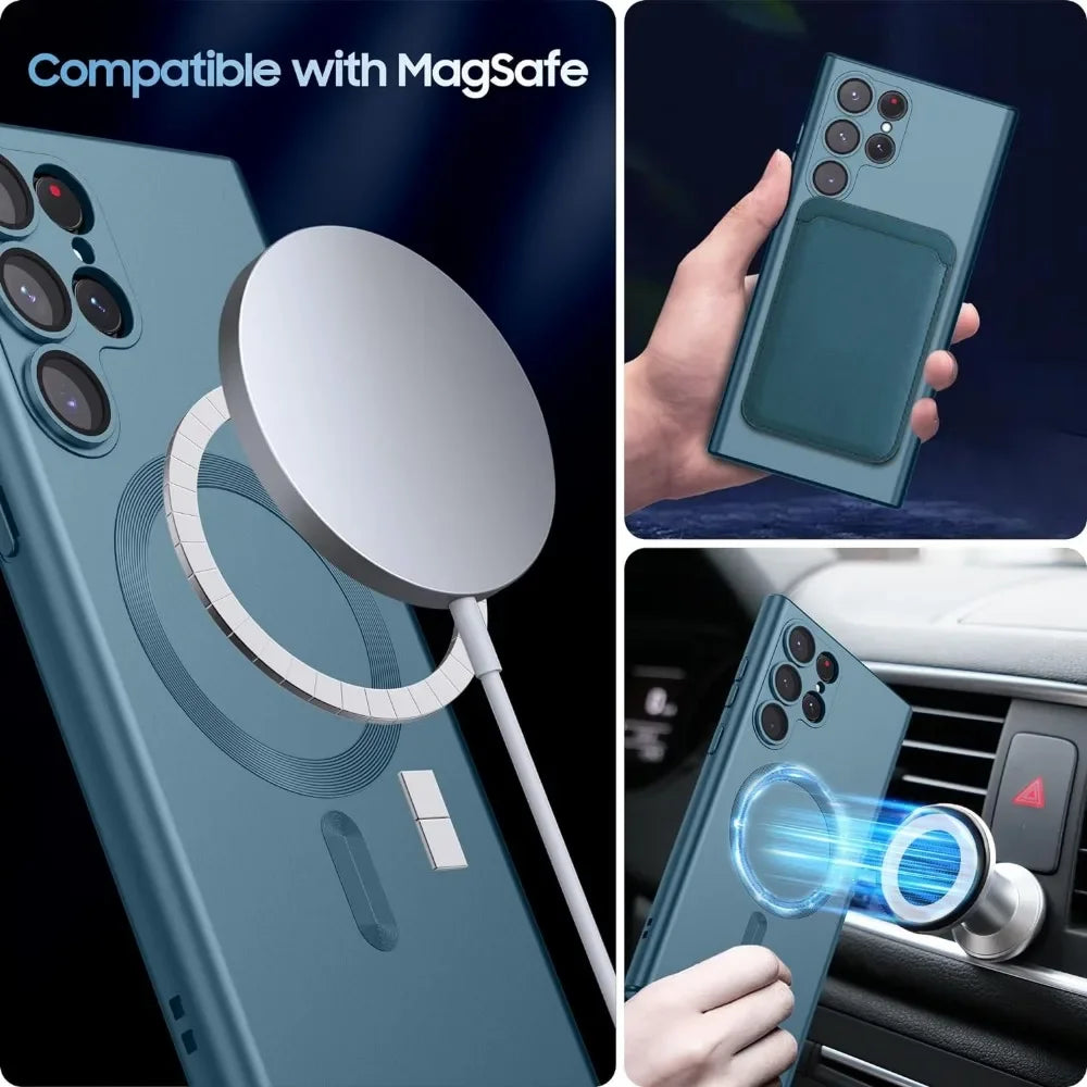 Luxury Matte MagSafe Case for Samsung S24 Ultra/S22/S23 FE/S21 Plus – Shockproof Soft Cover with Camera Lens Protector