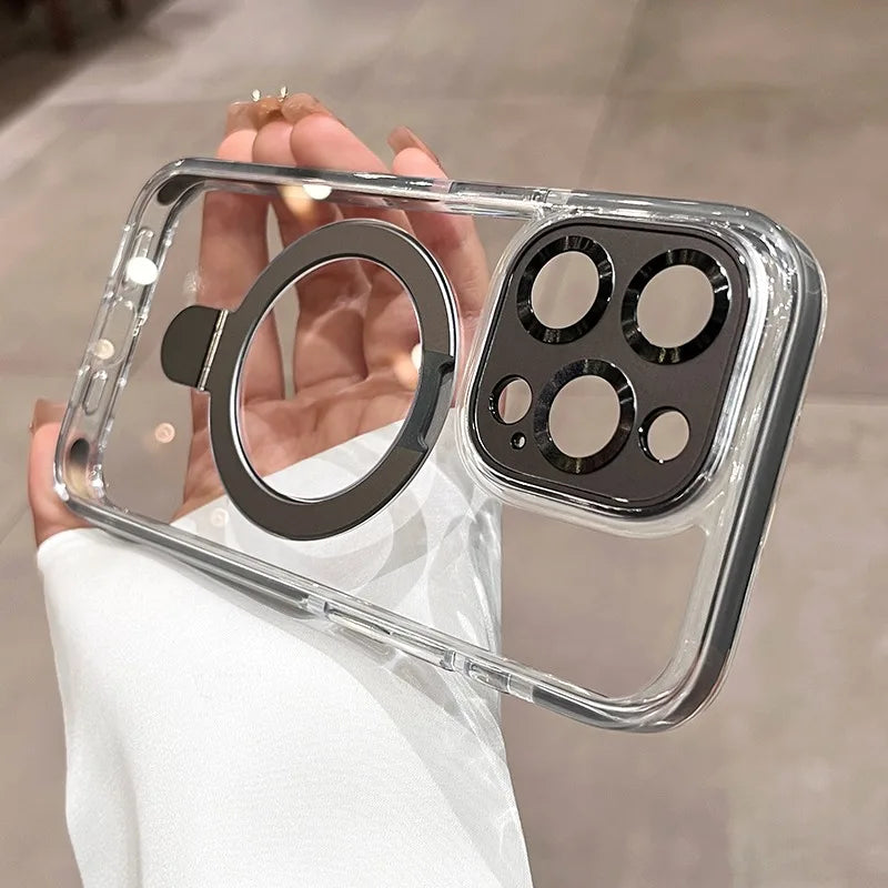 Magsafe Transparent Bracket Case with Magnetic Stand for iPhone 17 / 16 / 15 / 14 / 13 / 12 Pro Max / Plus / Air